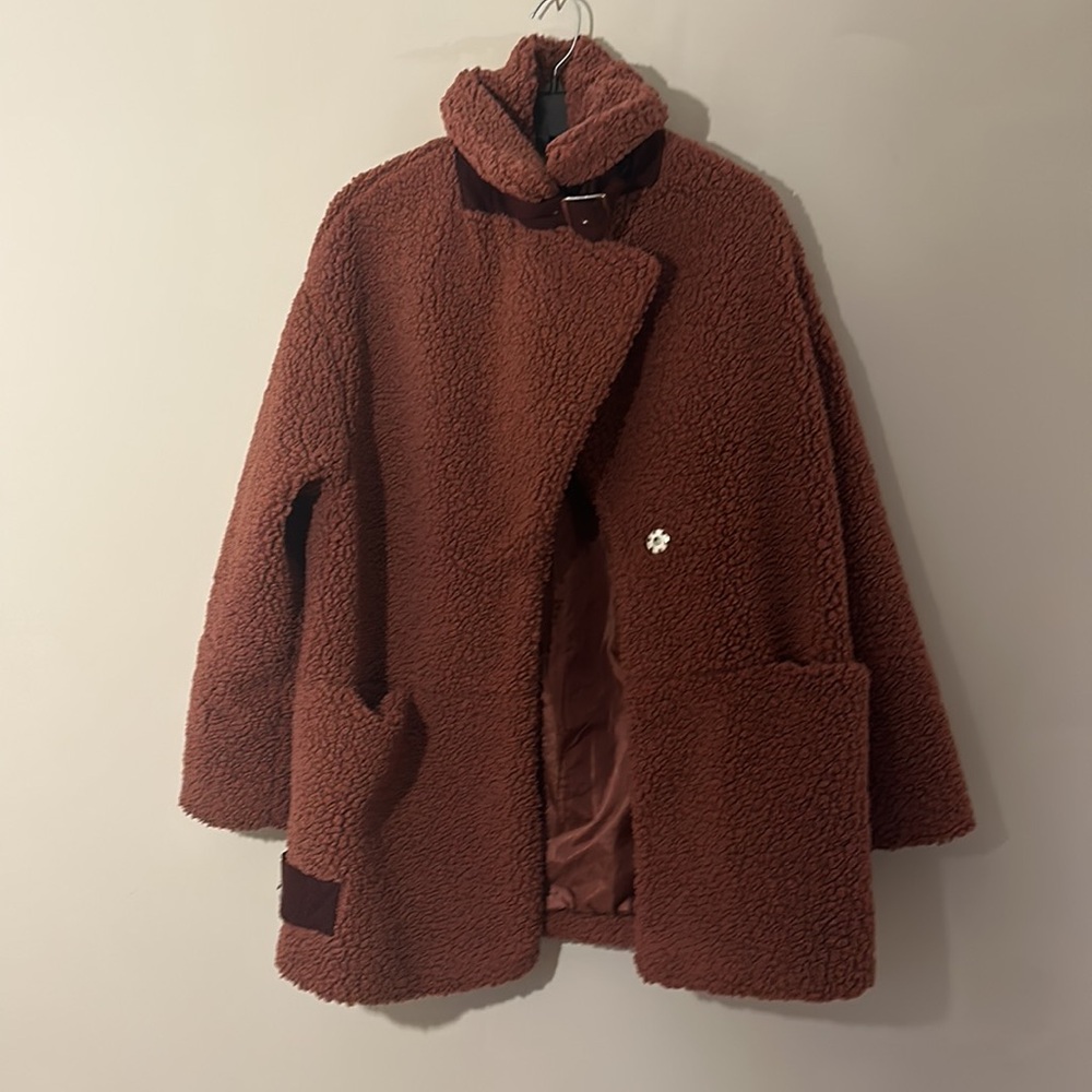 ASOS Teddy Bear Borg Oversized Burgundy Jacket Coat Belt women size Medium